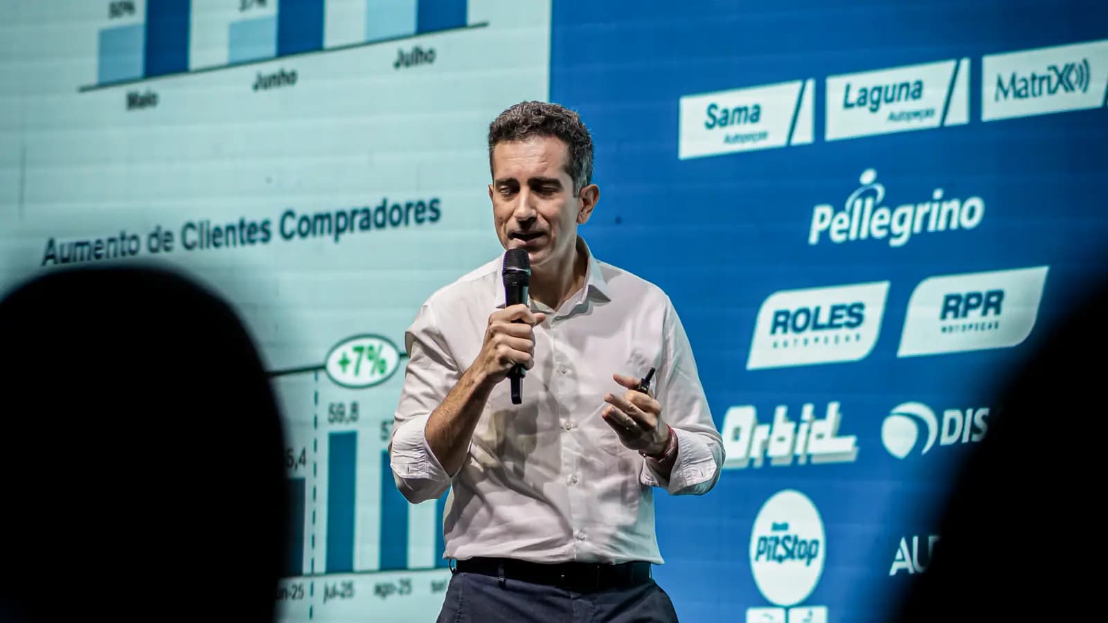 Palestrante com microfone no palco da convenção de vendas